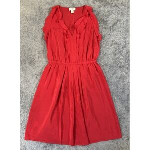 Women's Ann Taylor LOFT 100% Silk Red Sleeveless V-neck Petite Dress Ruffle 6P